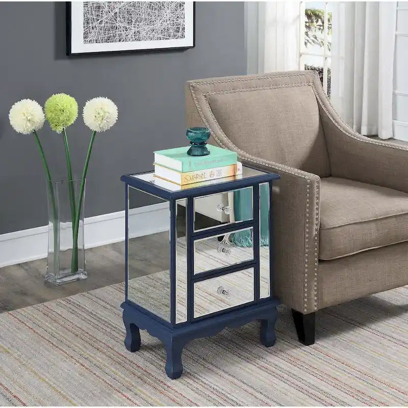 Mirrored 3 Drawer End Table with Faux Crystal Knobs Cabriole Legs