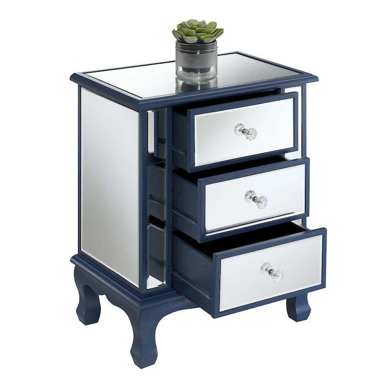 Mirrored 3 Drawer End Table with Faux Crystal Knobs Cabriole Legs