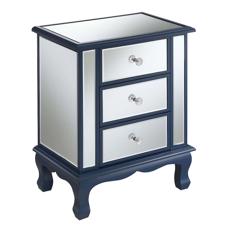 Mirrored 3 Drawer End Table with Faux Crystal Knobs Cabriole Legs