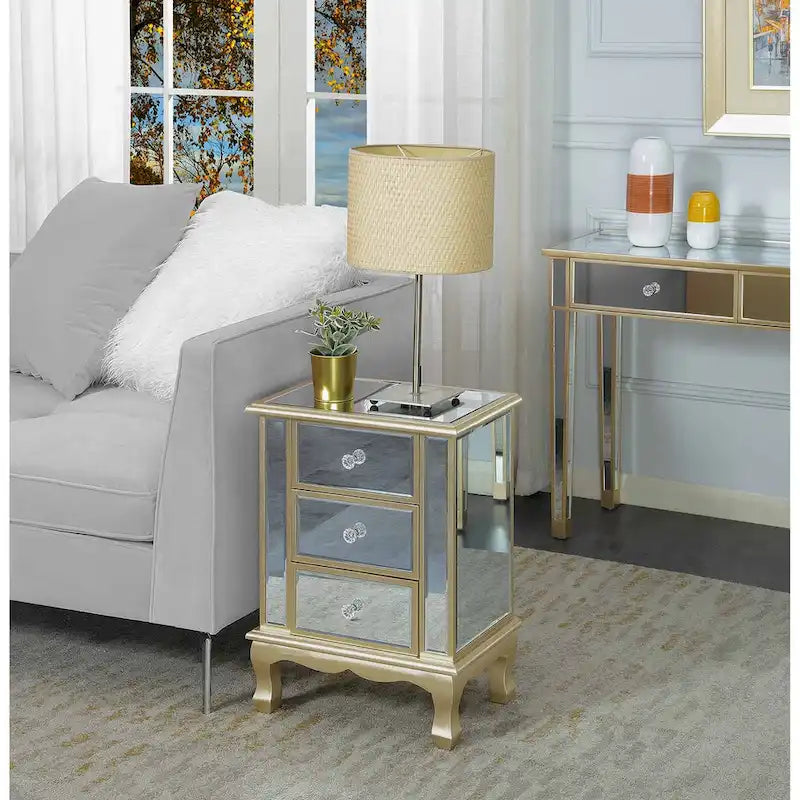 Mirrored 3 Drawer End Table with Faux Crystal Knobs Cabriole Legs