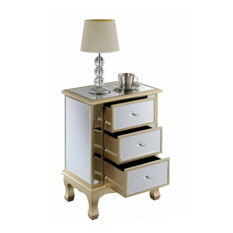 Mirrored 3 Drawer End Table with Faux Crystal Knobs Cabriole Legs