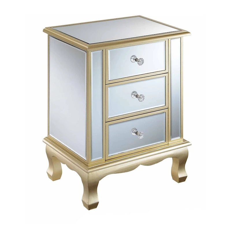 Mirrored 3 Drawer End Table with Faux Crystal Knobs Cabriole Legs