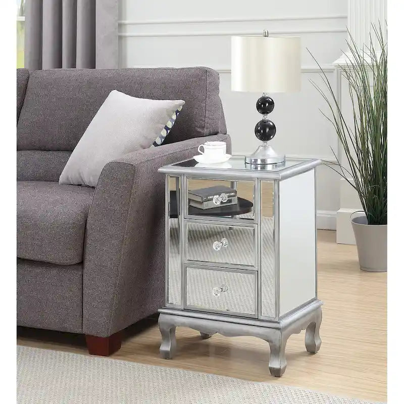 Mirrored 3 Drawer End Table with Faux Crystal Knobs Cabriole Legs