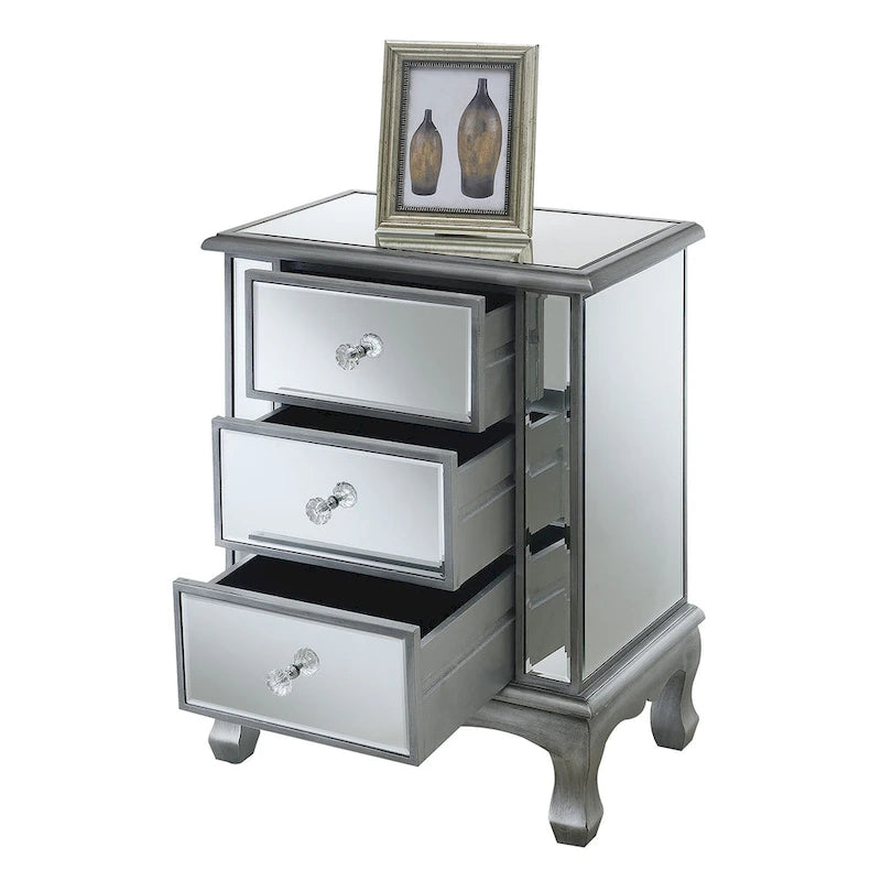 Mirrored 3 Drawer End Table with Faux Crystal Knobs Cabriole Legs