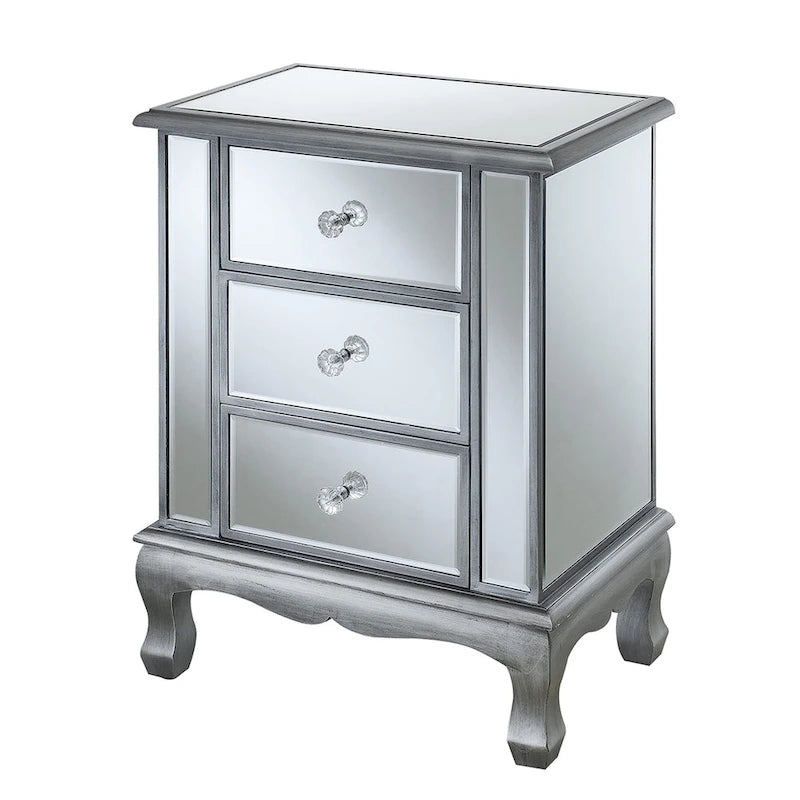 Mirrored 3 Drawer End Table with Faux Crystal Knobs Cabriole Legs