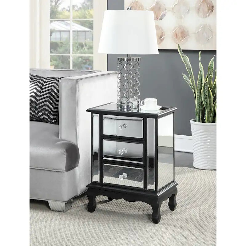 Mirrored 3 Drawer End Table with Faux Crystal Knobs Cabriole Legs