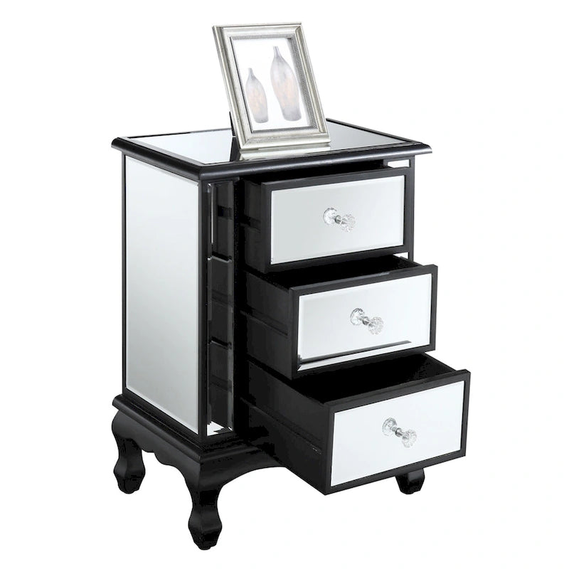 Mirrored 3 Drawer End Table with Faux Crystal Knobs Cabriole Legs