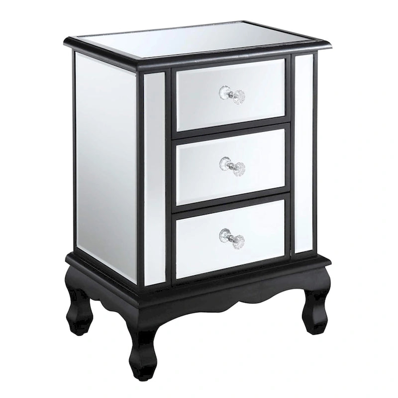 Mirrored 3 Drawer End Table with Faux Crystal Knobs Cabriole Legs