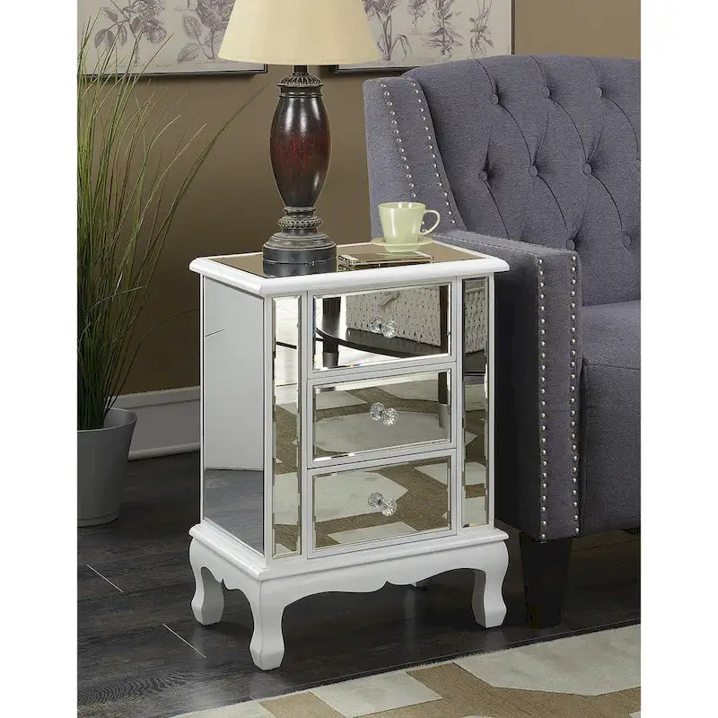 Mirrored 3 Drawer End Table with Faux Crystal Knobs Cabriole Legs