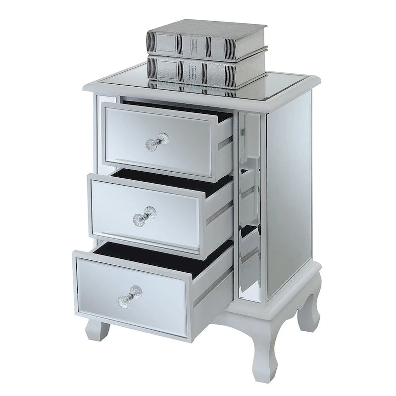 Mirrored 3 Drawer End Table with Faux Crystal Knobs Cabriole Legs