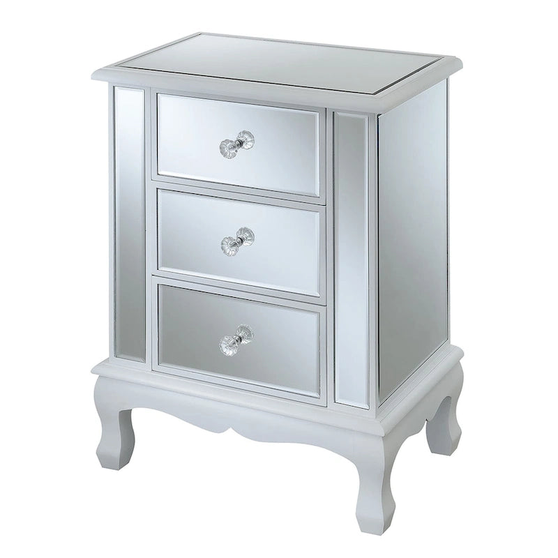 Mirrored 3 Drawer End Table with Faux Crystal Knobs Cabriole Legs