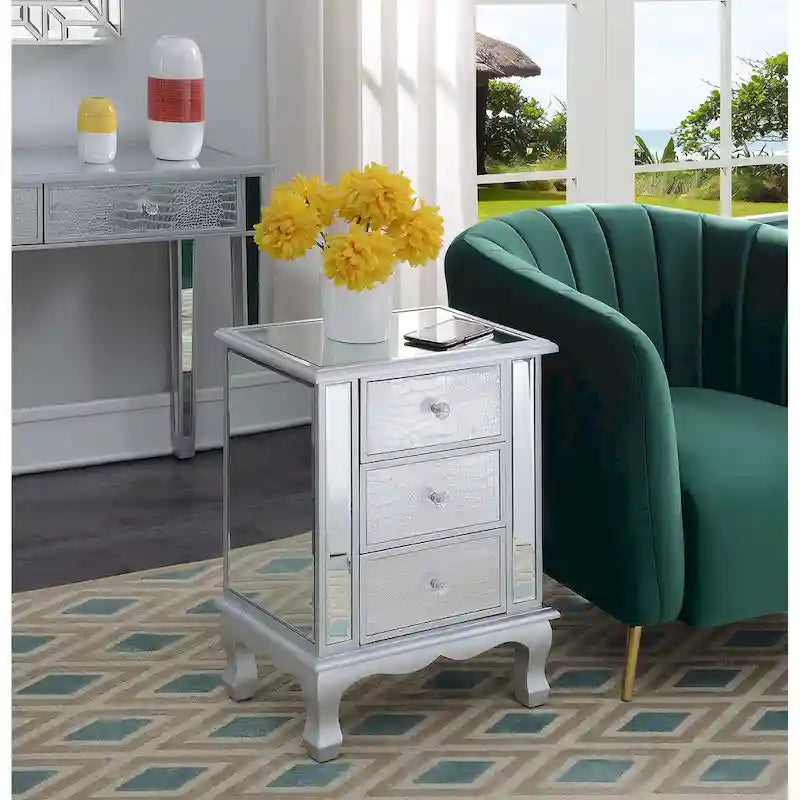 Mirrored 3 Drawer End Table with Faux Crystal Knobs Cabriole Legs