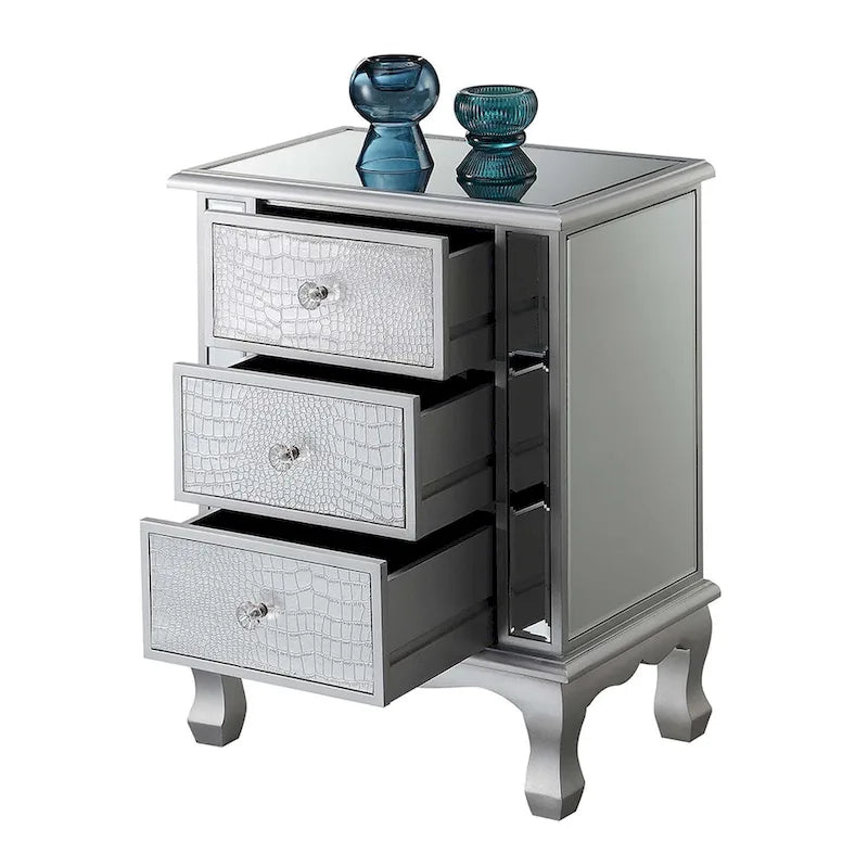 Mirrored 3 Drawer End Table with Faux Crystal Knobs Cabriole Legs