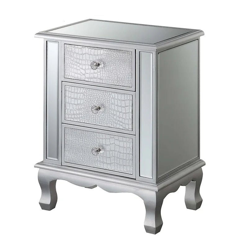Mirrored 3 Drawer End Table with Faux Crystal Knobs Cabriole Legs