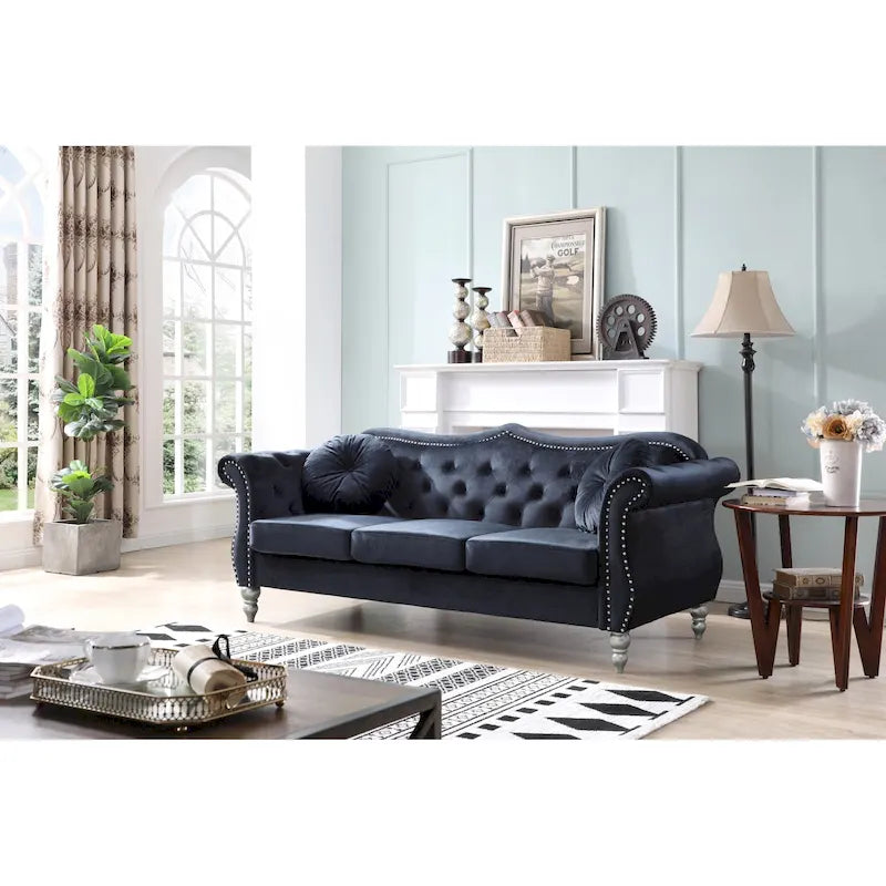 Canapé Chesterfield 3 places en velours de 82 po avec dossier capitonné et garniture cloutée