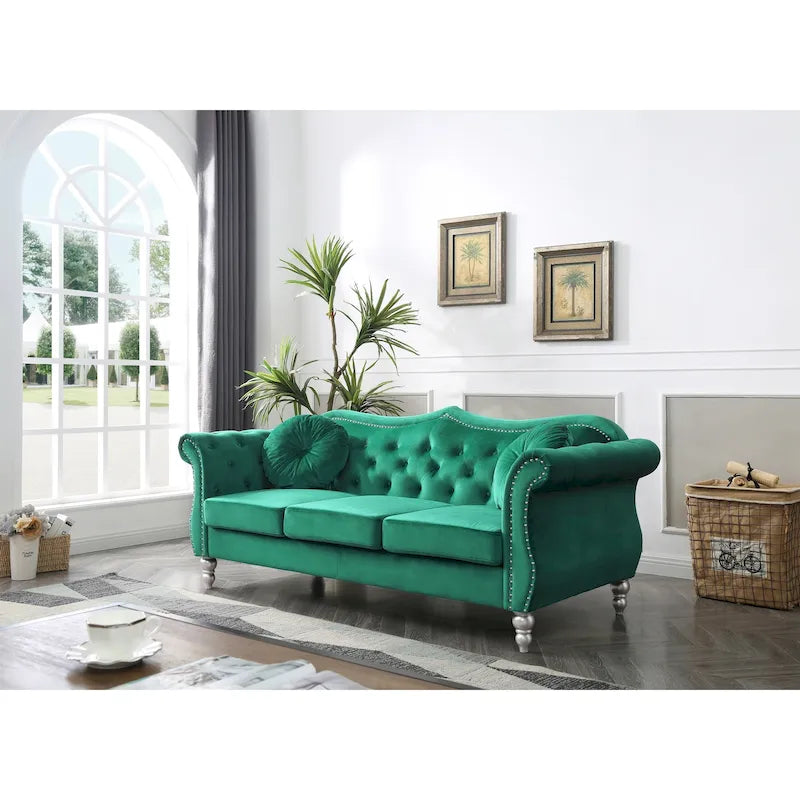 82 in. Velvet Chesterfield 3-Seater Sofa with Tufted Back and Nailhead Trim