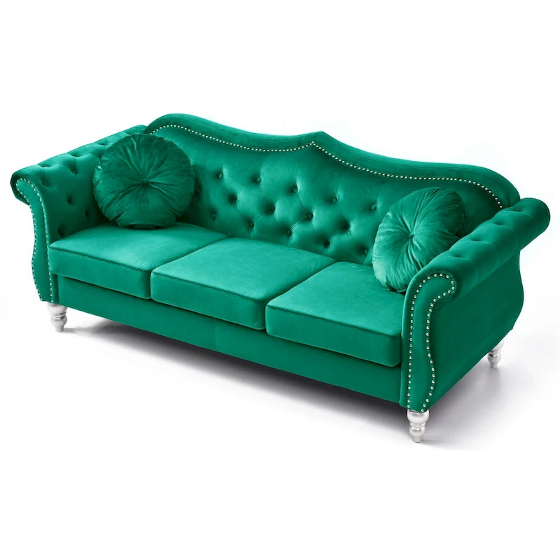 Canapé Chesterfield 3 places en velours de 82 po avec dossier capitonné et garniture cloutée