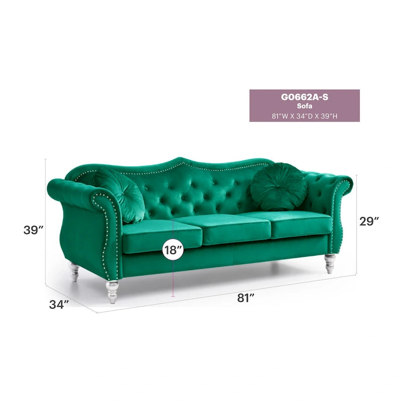 Canapé Chesterfield 3 places en velours de 82 po avec dossier capitonné et garniture cloutée