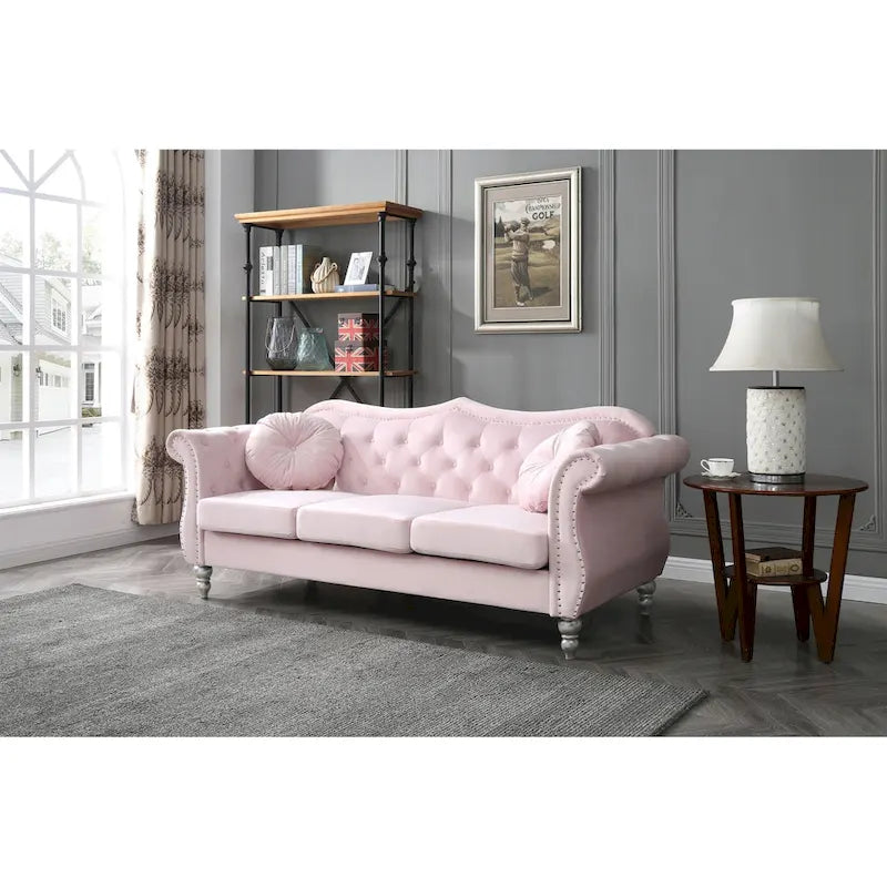 Canapé Chesterfield 3 places en velours de 82 po avec dossier capitonné et garniture cloutée