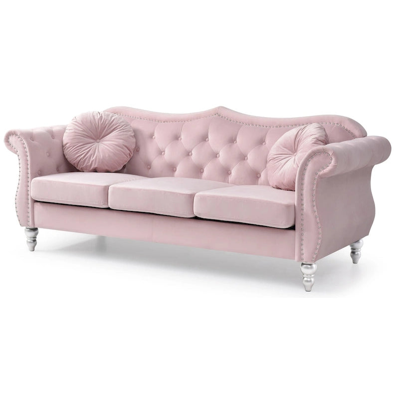 Canapé Chesterfield 3 places en velours de 82 po avec dossier capitonné et garniture cloutée