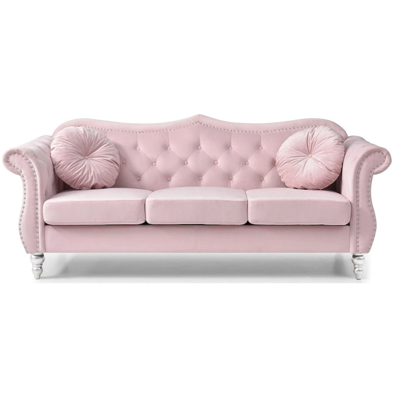 Canapé Chesterfield 3 places en velours de 82 po avec dossier capitonné et garniture cloutée