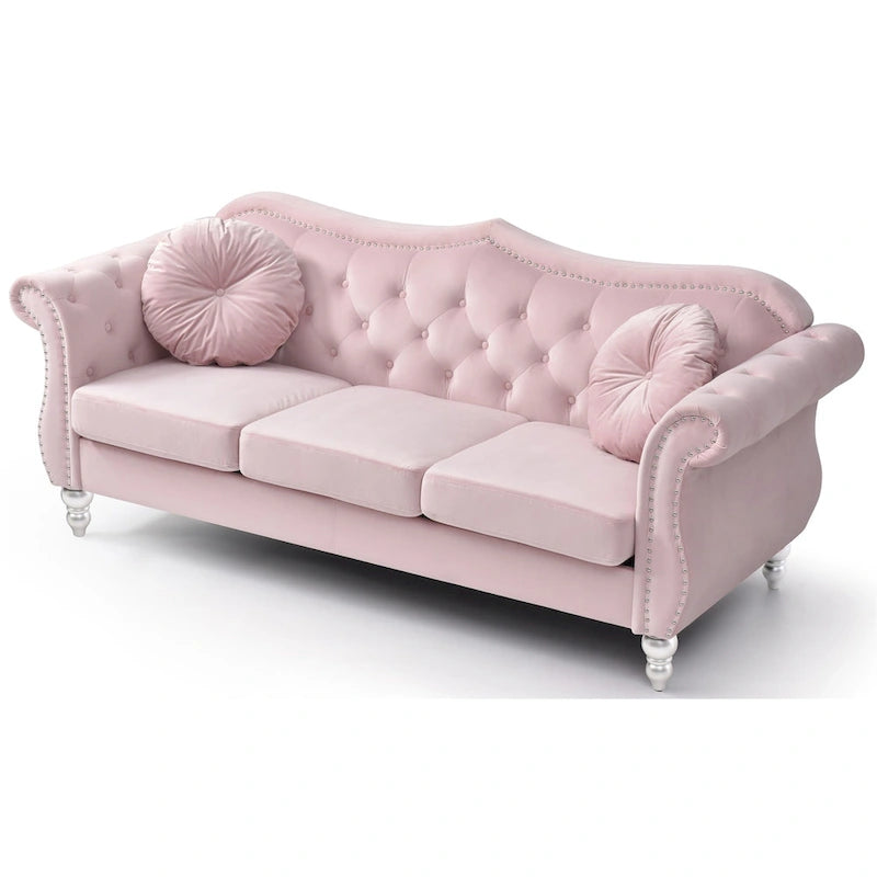 Canapé Chesterfield 3 places en velours de 82 po avec dossier capitonné et garniture cloutée