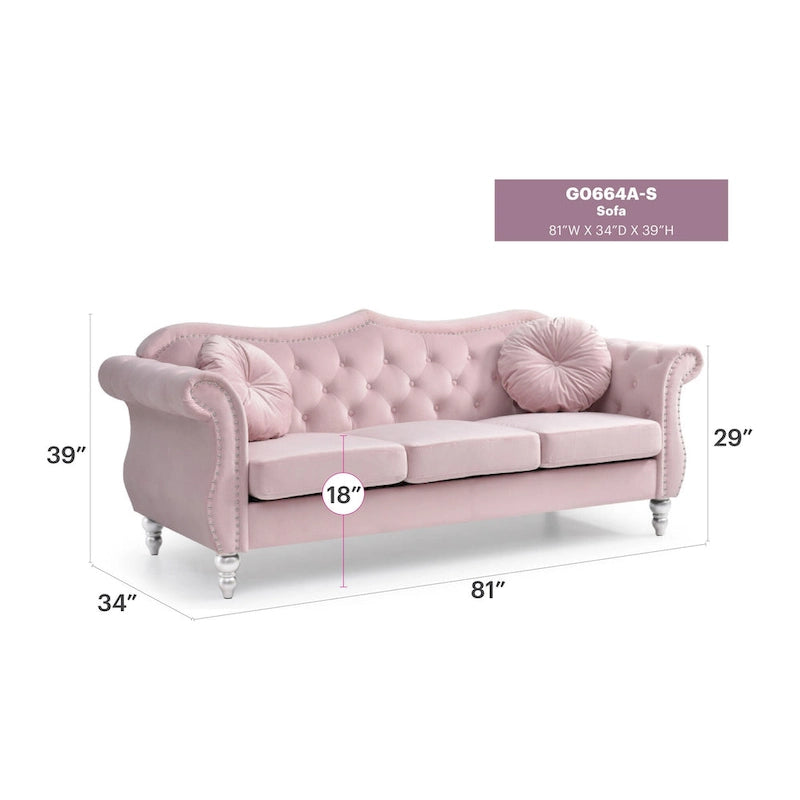 Canapé Chesterfield 3 places en velours de 82 po avec dossier capitonné et garniture cloutée