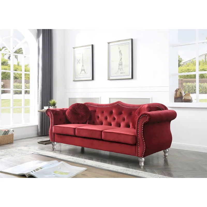 Canapé Chesterfield 3 places en velours de 82 po avec dossier capitonné et garniture cloutée