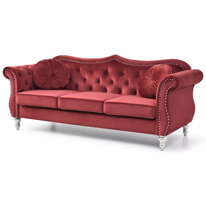 Canapé Chesterfield 3 places en velours de 82 po avec dossier capitonné et garniture cloutée