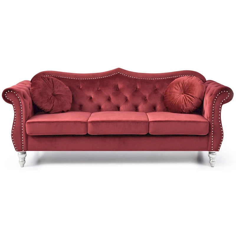 Canapé Chesterfield 3 places en velours de 82 po avec dossier capitonné et garniture cloutée
