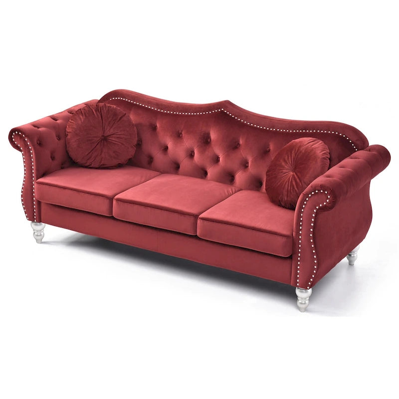 Canapé Chesterfield 3 places en velours de 82 po avec dossier capitonné et garniture cloutée