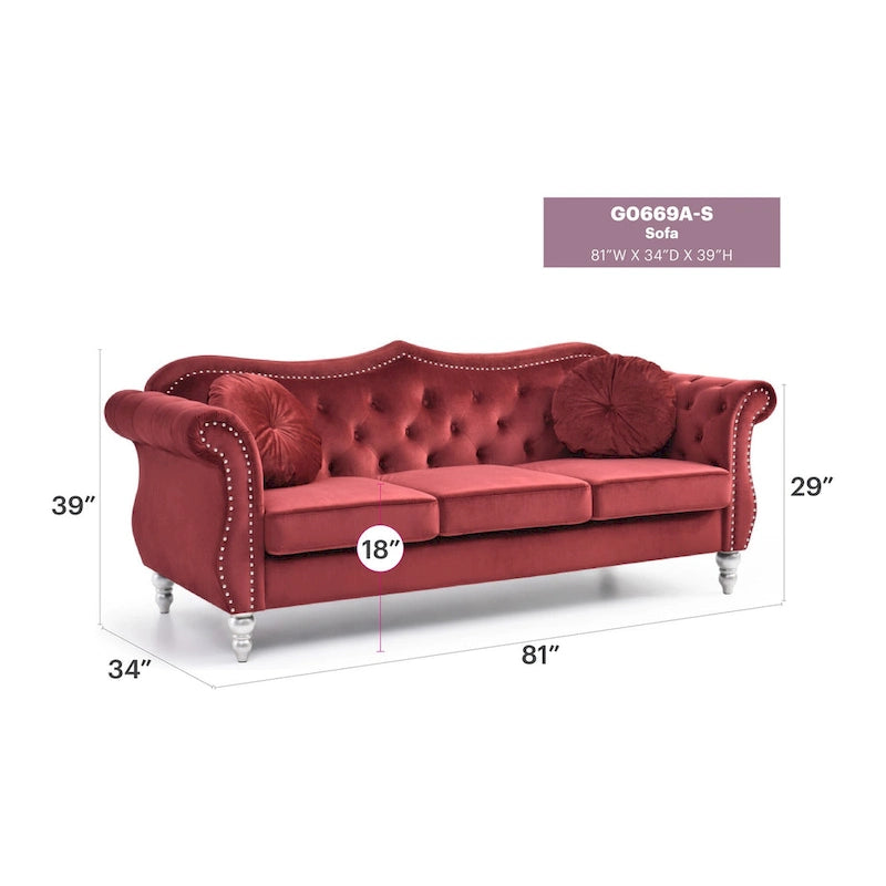 Canapé Chesterfield 3 places en velours de 82 po avec dossier capitonné et garniture cloutée