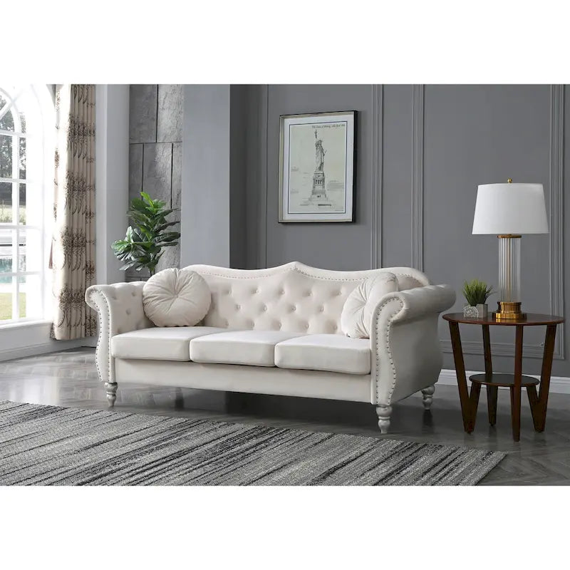 Canapé Chesterfield 3 places en velours de 82 po avec dossier capitonné et garniture cloutée