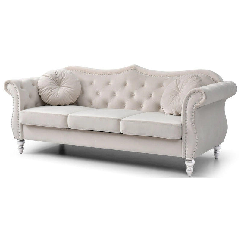 Canapé Chesterfield 3 places en velours de 82 po avec dossier capitonné et garniture cloutée