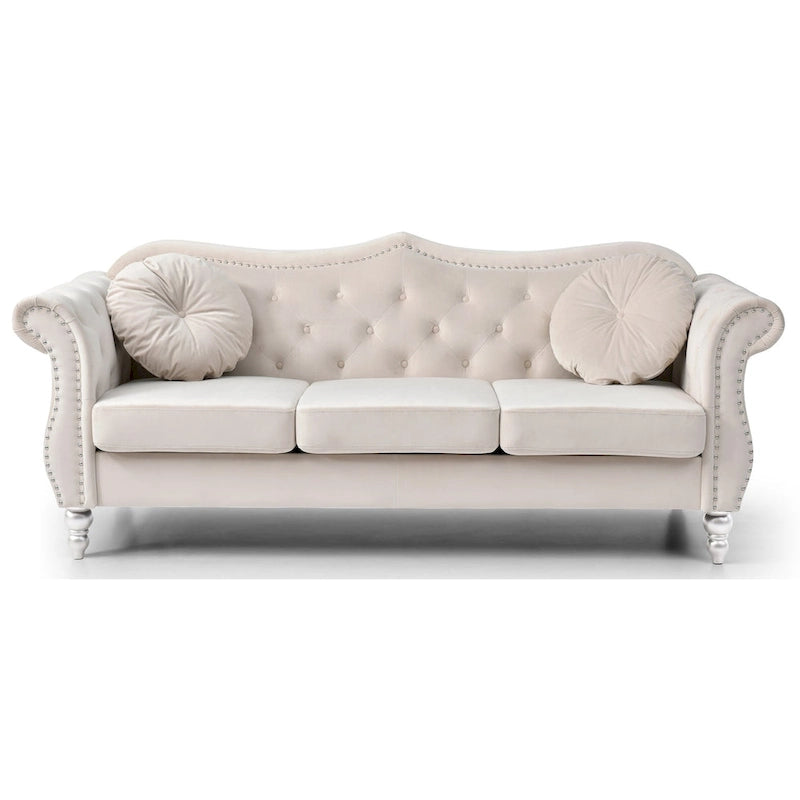 Canapé Chesterfield 3 places en velours de 82 po avec dossier capitonné et garniture cloutée