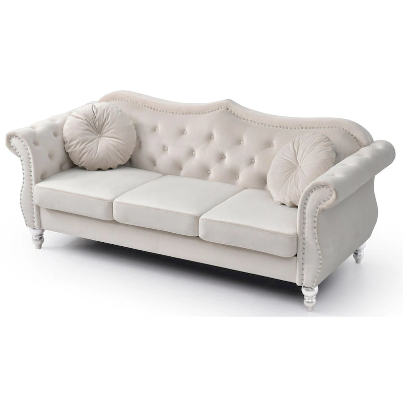 Canapé Chesterfield 3 places en velours de 82 po avec dossier capitonné et garniture cloutée