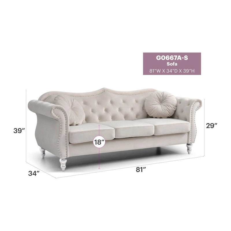Canapé Chesterfield 3 places en velours de 82 po avec dossier capitonné et garniture cloutée