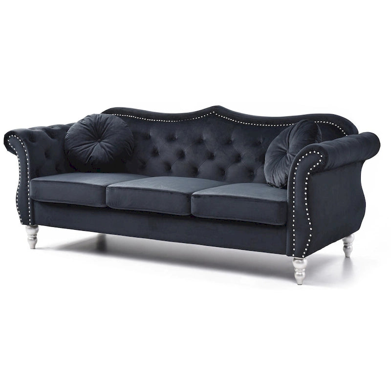 Canapé Chesterfield 3 places en velours de 82 po avec dossier capitonné et garniture cloutée