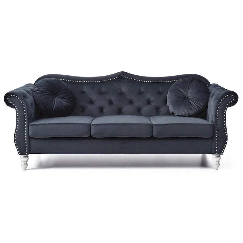 Canapé Chesterfield 3 places en velours de 82 po avec dossier capitonné et garniture cloutée