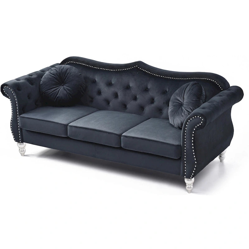 Canapé Chesterfield 3 places en velours de 82 po avec dossier capitonné et garniture cloutée