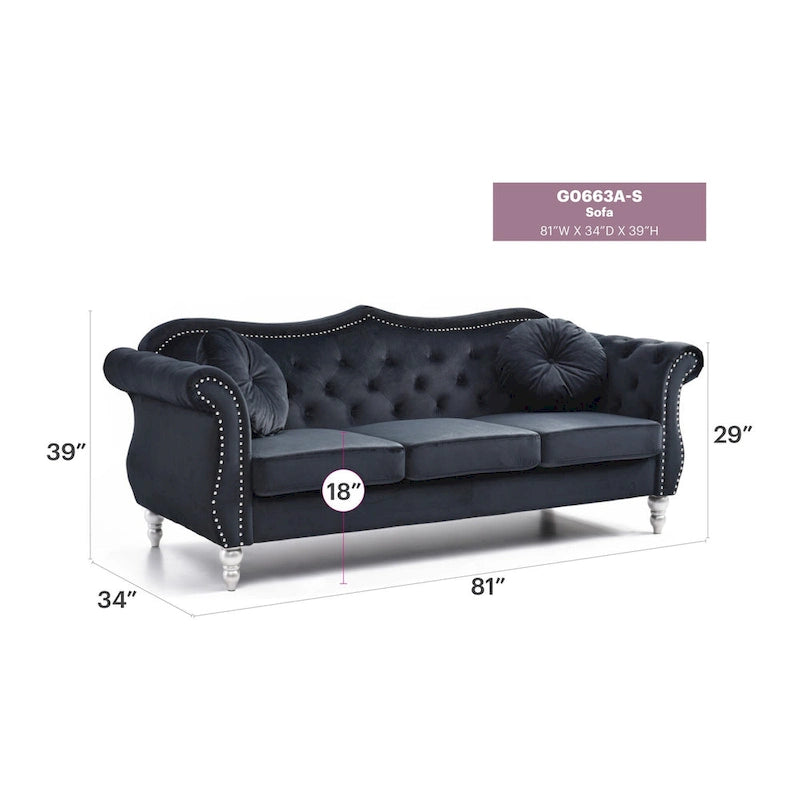 Canapé Chesterfield 3 places en velours de 82 po avec dossier capitonné et garniture cloutée