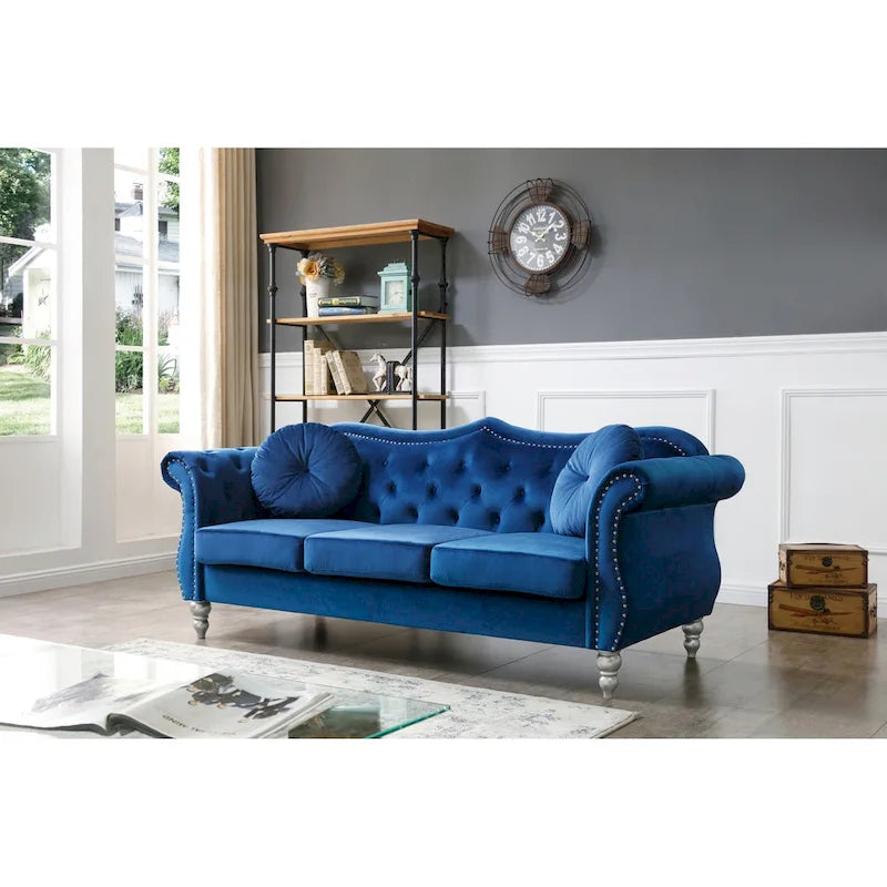 Canapé Chesterfield 3 places en velours de 82 po avec dossier capitonné et garniture cloutée