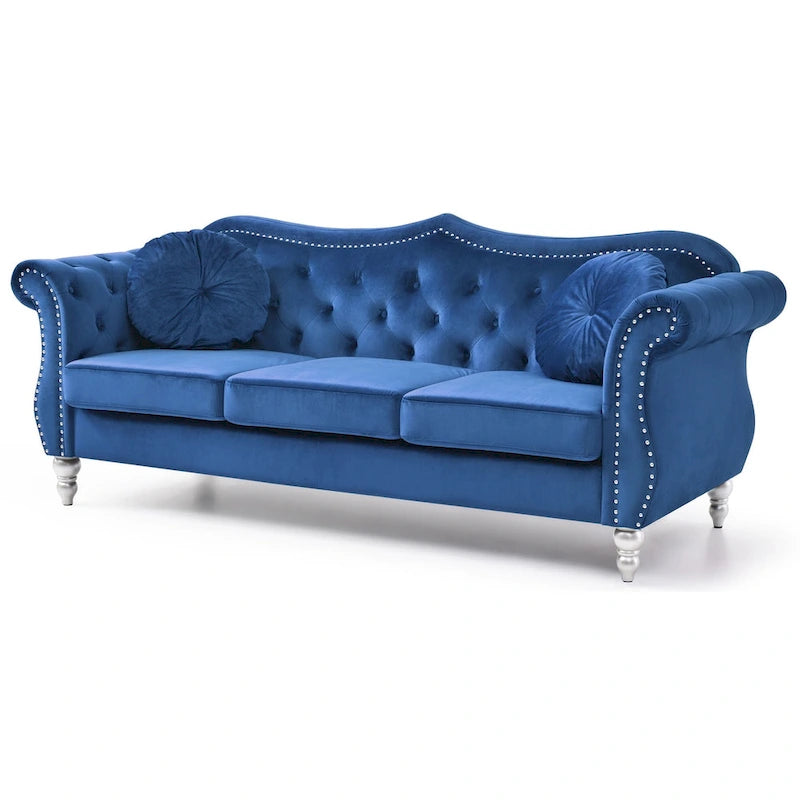Canapé Chesterfield 3 places en velours de 82 po avec dossier capitonné et garniture cloutée