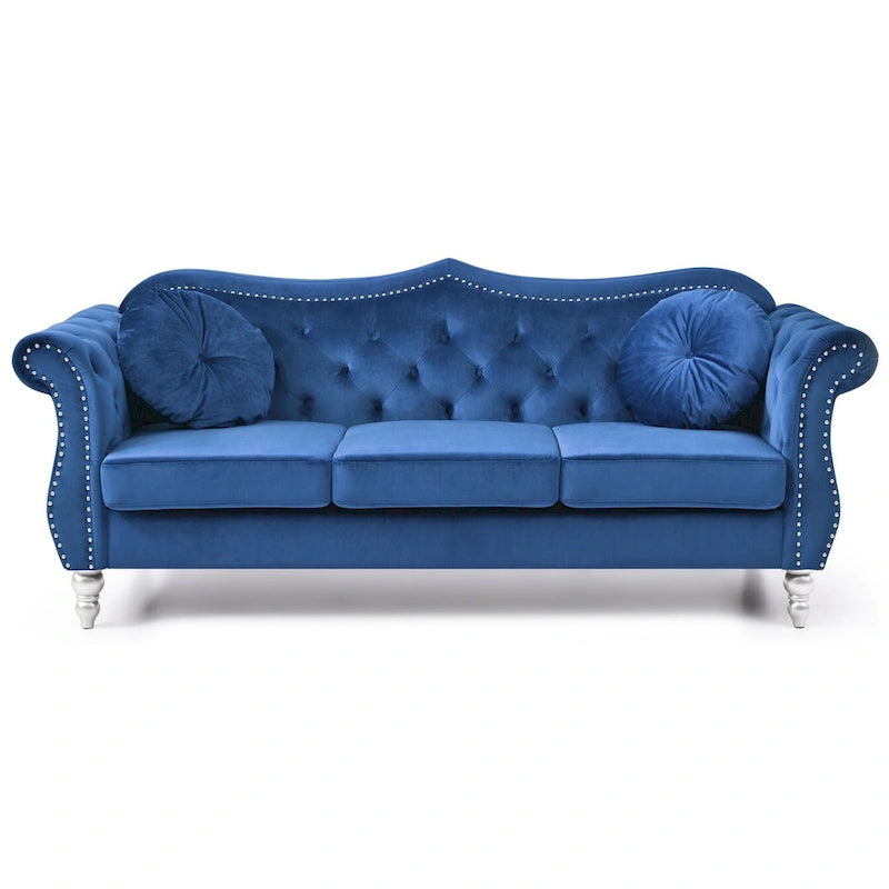 Canapé Chesterfield 3 places en velours de 82 po avec dossier capitonné et garniture cloutée