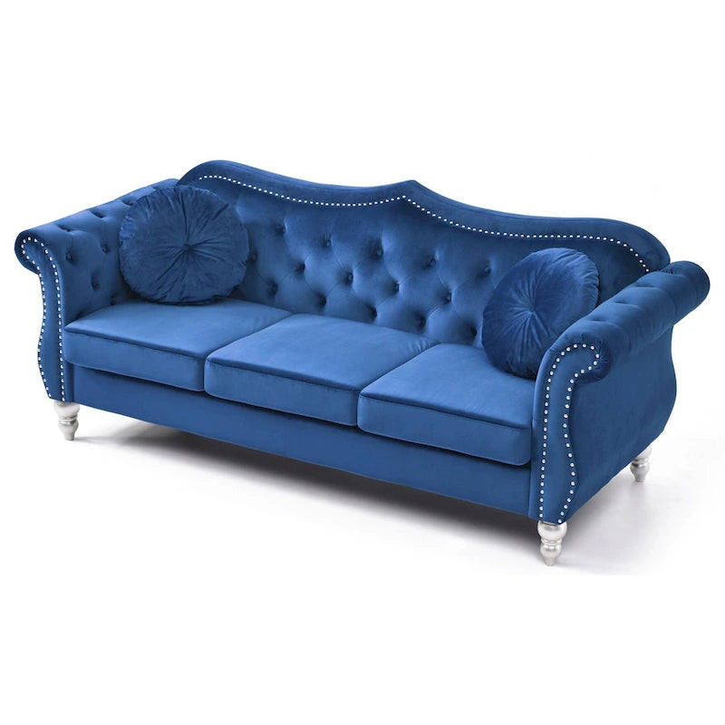 Canapé Chesterfield 3 places en velours de 82 po avec dossier capitonné et garniture cloutée
