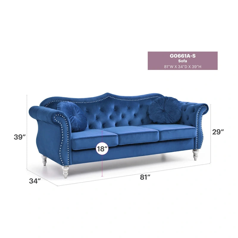 Canapé Chesterfield 3 places en velours de 82 po avec dossier capitonné et garniture cloutée