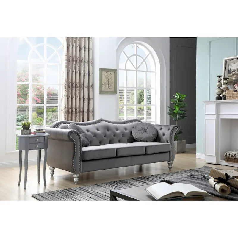 Canapé Chesterfield 3 places en velours de 82 po avec dossier capitonné et garniture cloutée