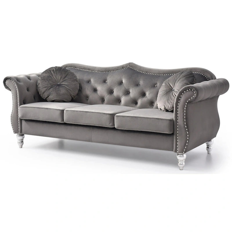 Canapé Chesterfield 3 places en velours de 82 po avec dossier capitonné et garniture cloutée