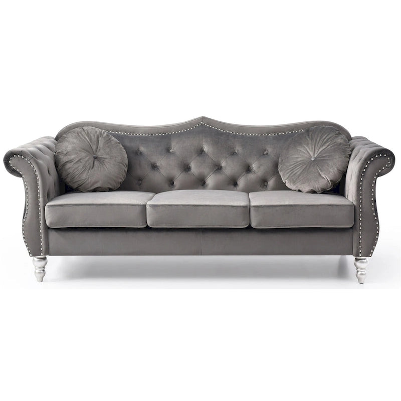 Canapé Chesterfield 3 places en velours de 82 po avec dossier capitonné et garniture cloutée