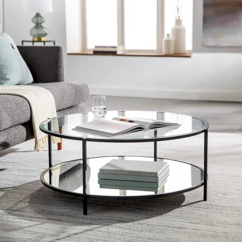 Glass Round Coffee Table 14H x 36W x 36D Two-Tier Metal Frame